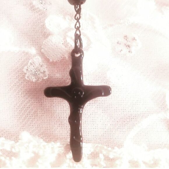 Beaded Black Rosary Necklace with Cross Pendant - Picture 2 of 4